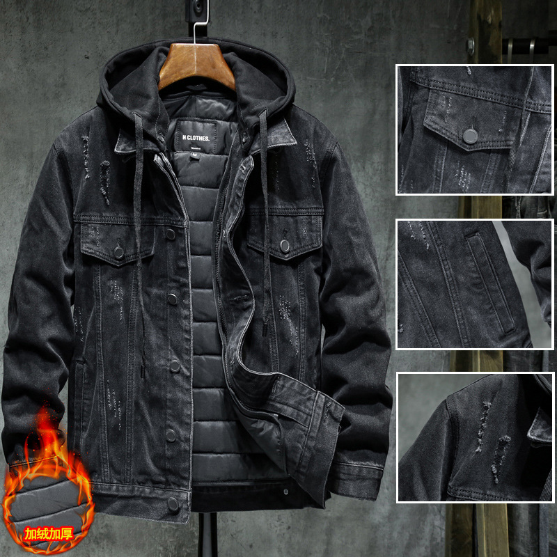 Denim Jacket Men's Korean-style Fashionable Autumn and Winter Wear Fleece-lined Thickened Hooded Casual All-match Workwear Functional Jacket Top