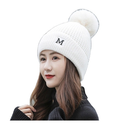 Japanese new style M letter hat fashionable knitted hat for women Korean version winter plus velvet warm hat fur ball woolen hat
