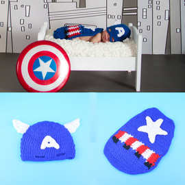 儿童美国队长帽子手工毛线披风服 新生婴儿宝宝摄影套装 影楼道具