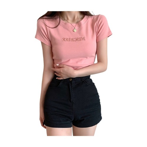 Embroidered Letter Top 2025 Summer New Slim Fit Base Layer Women's Korean Style Short Sleeve Fashion T-Shirt Loose Wholesale