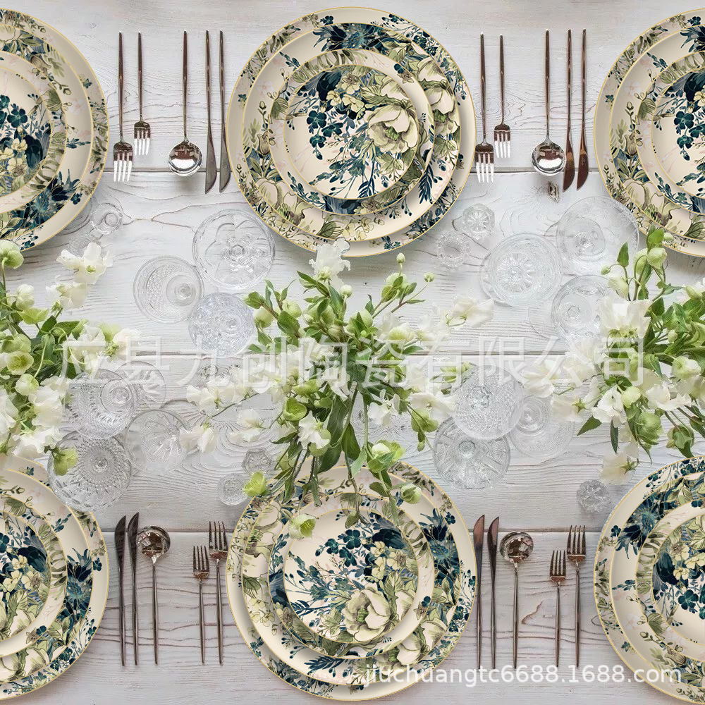 Plato de cerámica estilo chino, plato creativo retro floral de estilo occidental con borde dorado, plato de repostería de estilo occidental