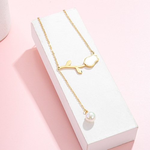 European and American fashionable and exquisite tulip titanium steel necklace pearl tassel clavicle chain ins internet celebrity same style neck jewelry
