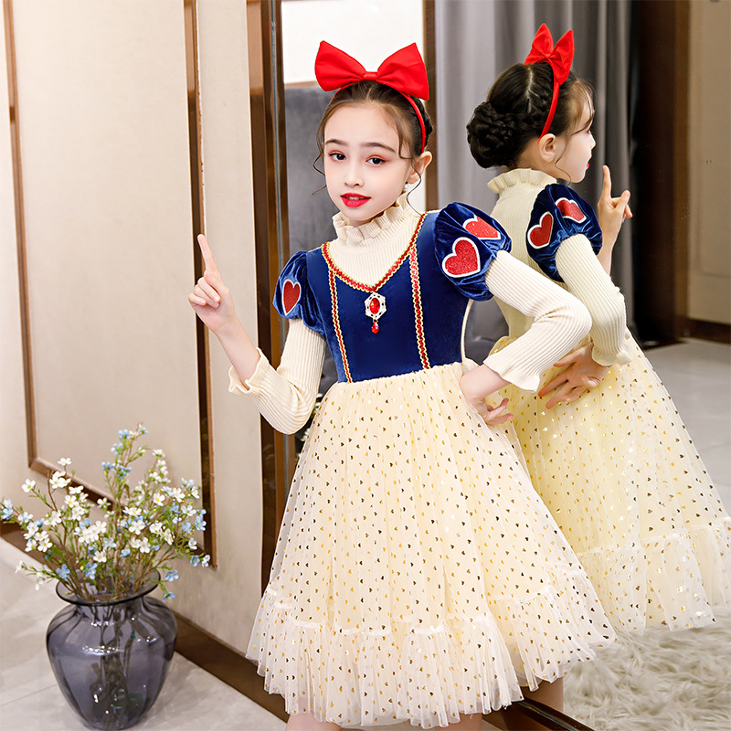 Mesh Snow White Princess Dress Girls Dress 2025 New Winter Warm Dress Dress Western Style Long Sleeve Sweater Dress
