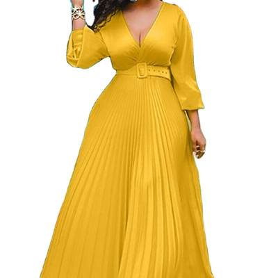 European and American foreign trade yellow high waist slimming solid color temperament retro chiffon long sleeve dress dress (belt)