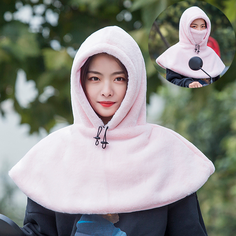 Cross-Border Winter Electric Bike Riding Hat for Women, Windproof, Fleece-Lined, Thickened, Integrated Shawl, Faux Mink Fur Cover