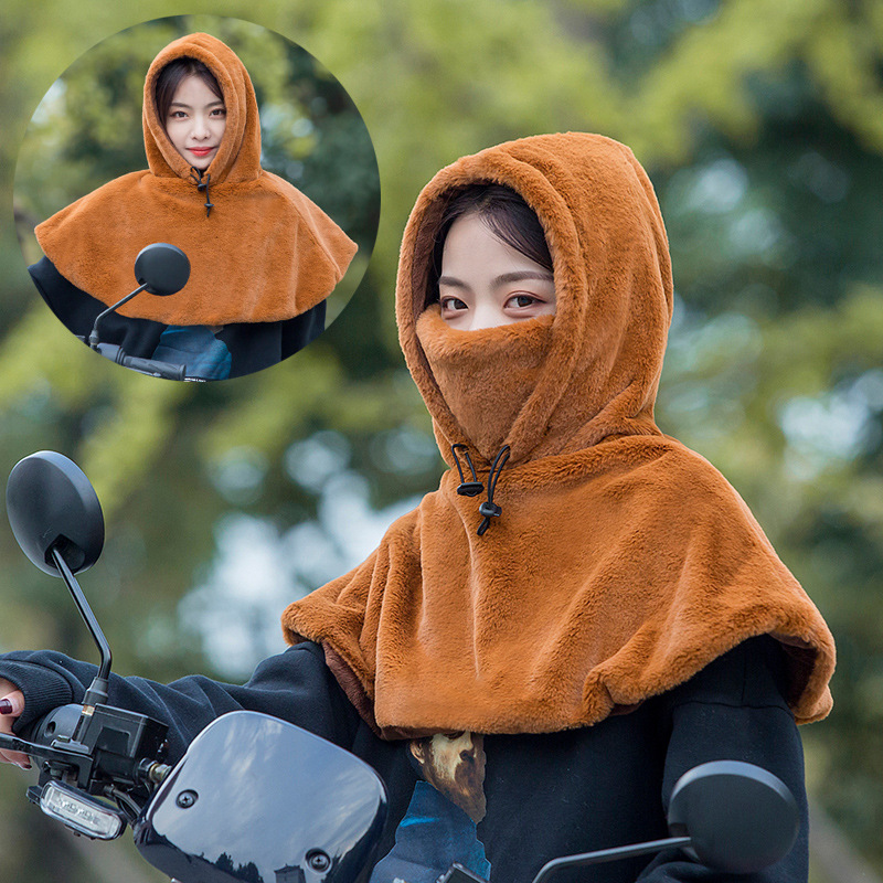 Cross-Border Winter Electric Bike Riding Hat for Women, Windproof, Fleece-Lined, Thickened, Integrated Shawl, Faux Mink Fur Cover