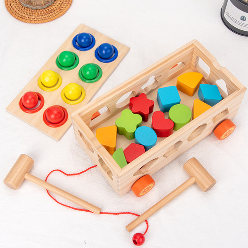 Porous shape digital building block trailer children's early education puzzle knocking puzzle set column geometric cognitive wooden toy