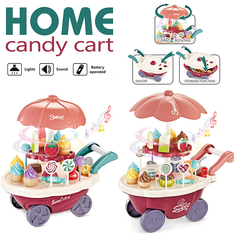 La simulación de los niños transfronterizos mini caramelo coche helado coche luz música vajilla carro juego casa juguete
