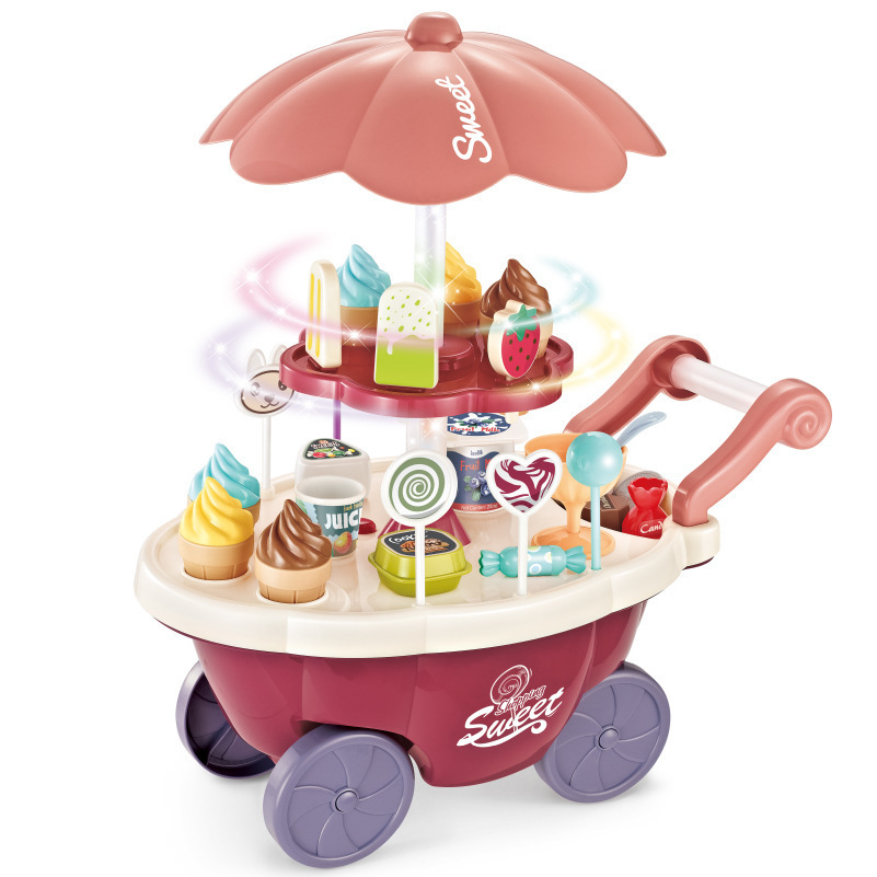 La simulación de los niños transfronterizos mini caramelo coche helado coche luz música vajilla carro juego casa juguete