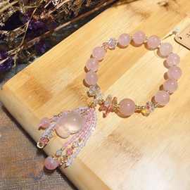 简约招桃花原创狐狸吊坠小众马粉晶手串手链女奥地利水晶饰品彩宝