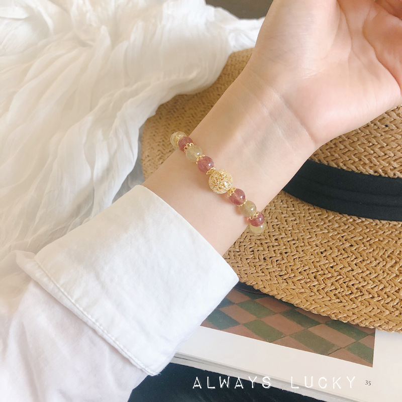 """"Sparkling Fairy""""Fairy""""Fairy Wealth Peach Blossom Natural Blonde Crystal Strawberry Crystal Bestie Bracelet for Women