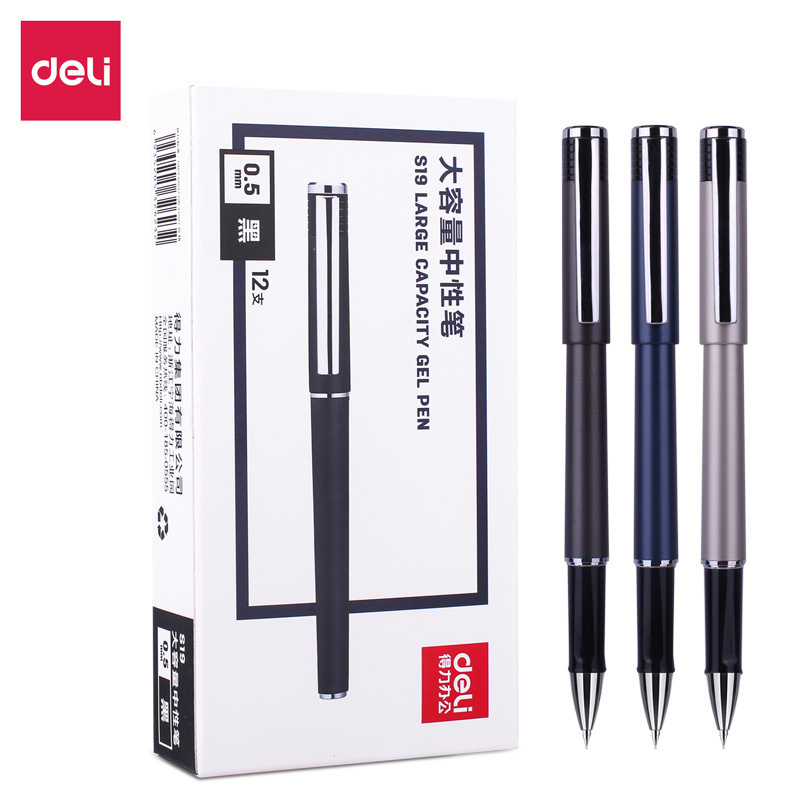 Deli S19 Large-Capacity Gel Pen with a Metallic Feel, Black 0.5mm Cap-Off Type Student Gel Pen for Office Use Deli S19 Large-Capacity Gel Pen with a Metallic Feel, Black 0.5mm Cap-Off Type Student Gel Pen for Office Use