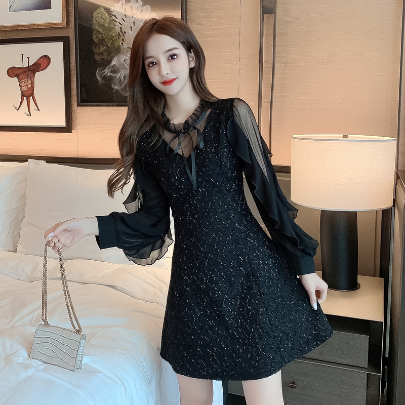 Black Dress Women's Spring Wear 2025 New Style French Socialite Waist Bottoming Long-Sleeved Hepburn Style Little Black Dress