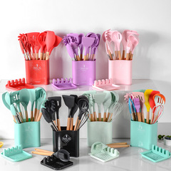 New multi-color silicone kitchen set with storage square barrel and wooden handle 12 pieces kitchen utensils kitchen set