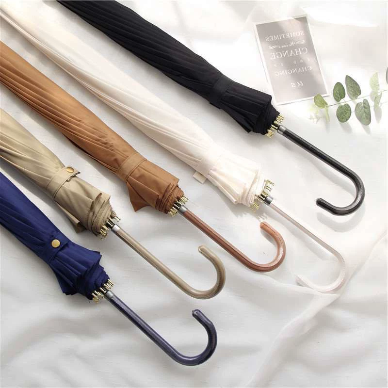 Straight Umbrella (Aila) Bamboo Handle, 16-Rib Automatic, Long Wooden Hook Handle