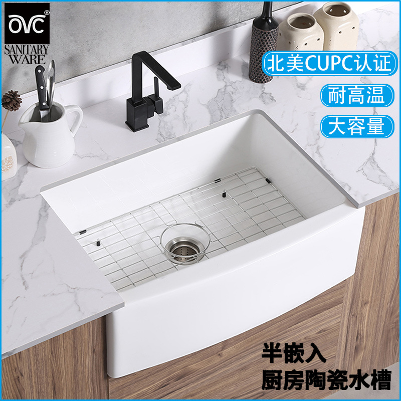 Ceramic Vegetable Washing Basin Kitchen Sink Embedded Sink Double Sink Single Sink Household Sink American Style Kitchen Cabinet Basin
