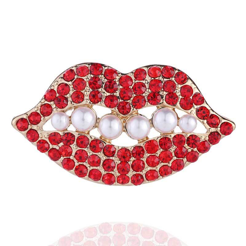In stock wholesale Japanese and Korean high-end diamond-embedded sexy red lip brooch pearl pin all-match clothing collar pin chest accessories for women