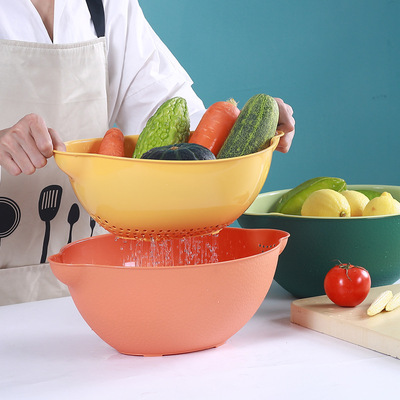 磨砂檸檬底紋雙層塑料洗水果蔬菜籃子 廚房多功能滴水篩盆瀝水籃