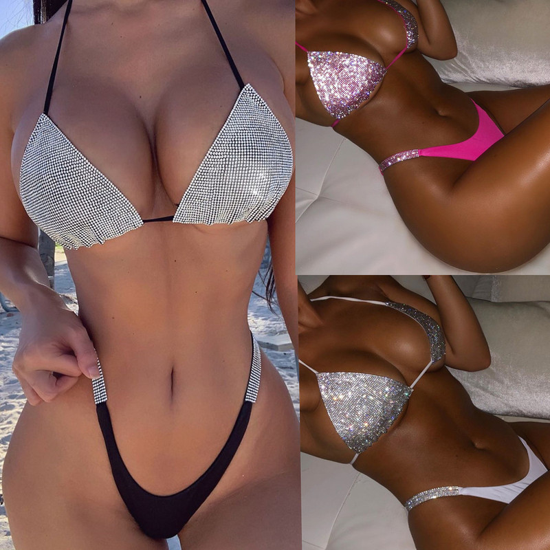 European and American Solid Color Diamond Triangle Bikini Rhinestone Split Swimsuit Swimsuit Women's 2020 European and American Solid Color Diamond Triangle Bikini Rhinestone Split Swimsuit Swimsuit Women's 2020