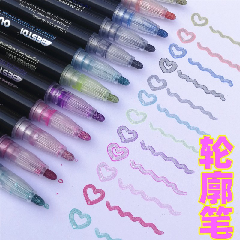 Contorno pluma de 12 colores de doble línea pluma flash marcador fluorescente TikTok mismo color diario pluma conjunto sueño bricolaje