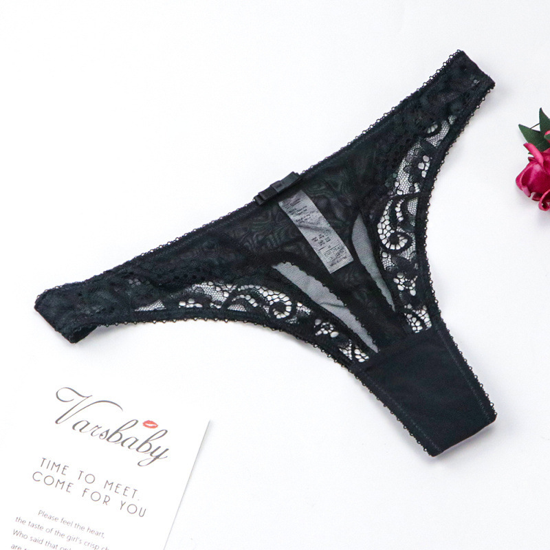 European and American sexy lace thong women's transparent hollow women's T-pants underwear women's temptation low waist black lace