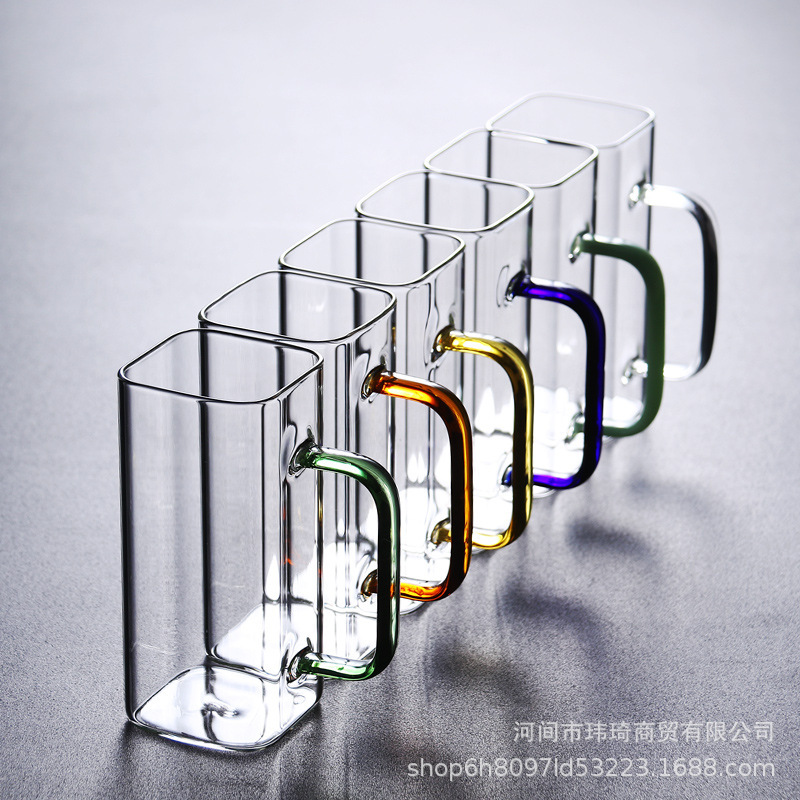 Glass Cup Square Green Tea Cup Heat Resistant Household Transparent Water Cup Uncovered Single Layer Tea Cup with Handle High Borosilicate
