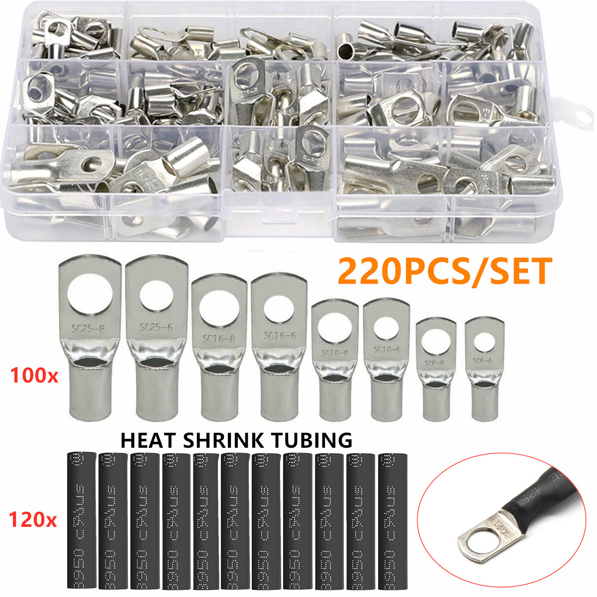 跨境220pcs窥口铜管端子SC接线端子100PCS+120PCS铜鼻子热缩管