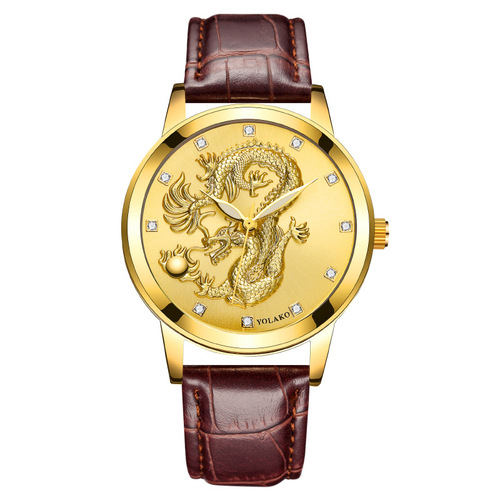 Chinese-style fashion diamond-studded dragon gold watch for men, men's quartz watch with leather strap model