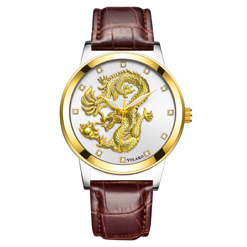 Chinese-style fashion diamond-studded dragon gold watch for men, men's quartz watch with leather strap model