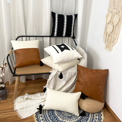 Pillow Amazon Home ins Nordic woven tassel pillow cover print stitching leather lumbar pillow cushion cover