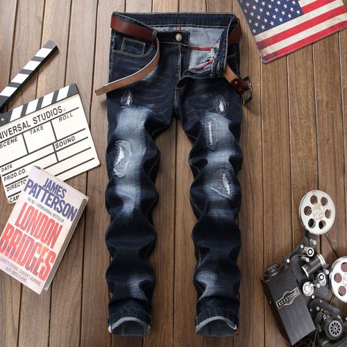 Autumn/Winter Men's Korean Style Tapered Stretch Versatile Casual Straight Leg Embroidered Print Jeans Trend