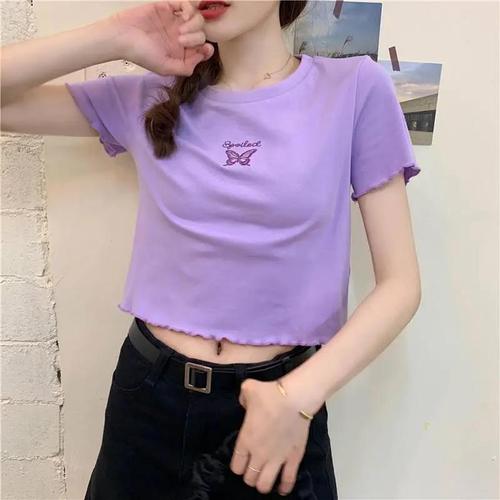 2025 Summer High-Waisted Crop-Top T-Shirt for Women, Slimming and Fashionable, Versatile Butterfly Embroidered Short-Sleeve Top for Women