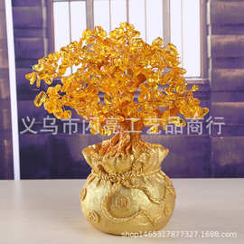 风水树水晶发财摇钱树黄金袋工艺品创意办公室家居桌面小摆件批发