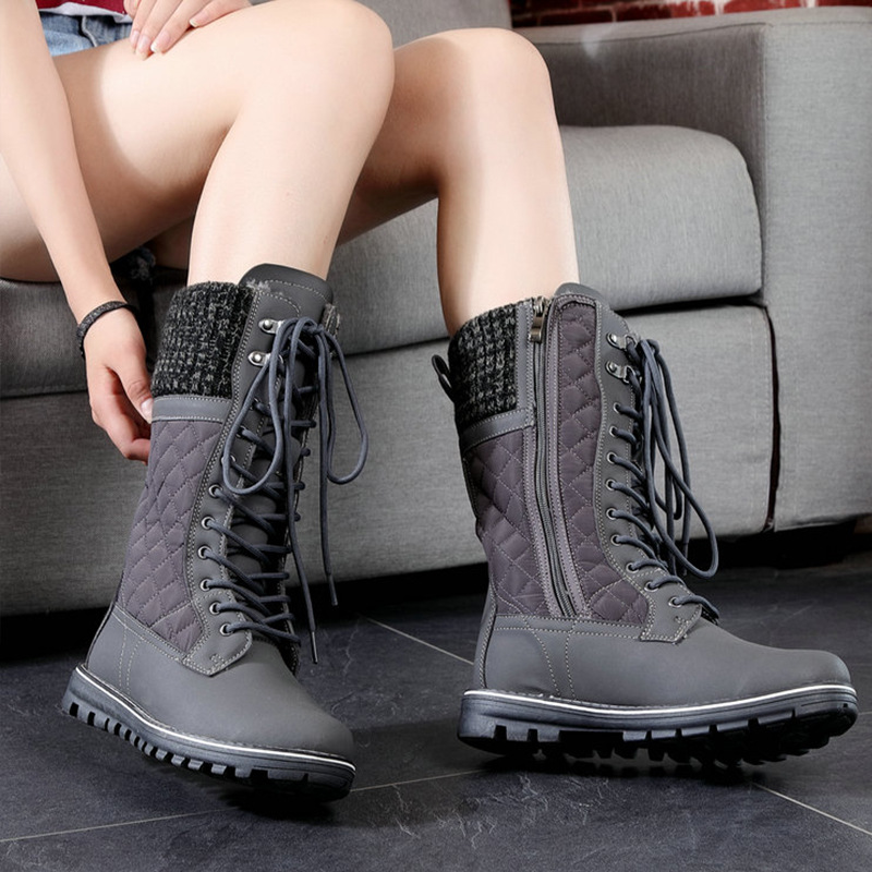 Invierno transfronterizo personalizado Amazon nuevo tubo alto más terciopelo cálido tacón bajo con cordones botas de nieve de fondo plano mujeres al por mayor