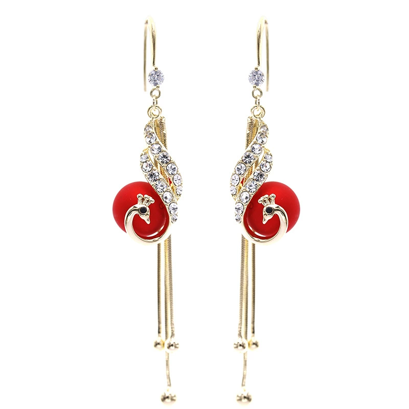 Retro Phoenix for bride, red earrings, long accessory, peacock, city style