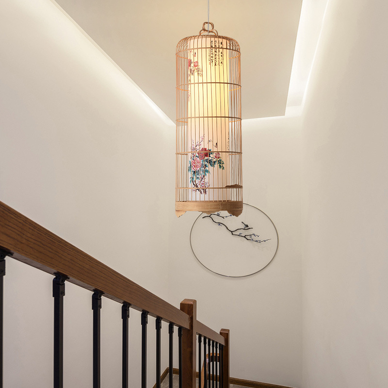 Sala de té lámpara de jaula de pájaros retro lámpara de pasillo creativo Zen Hotel araña nuevo club chino linterna comedor araña