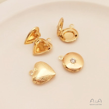 14K包金保色镶锆石圆形相盒桃心爱心相框吊坠diy项链饰品吊饰配件