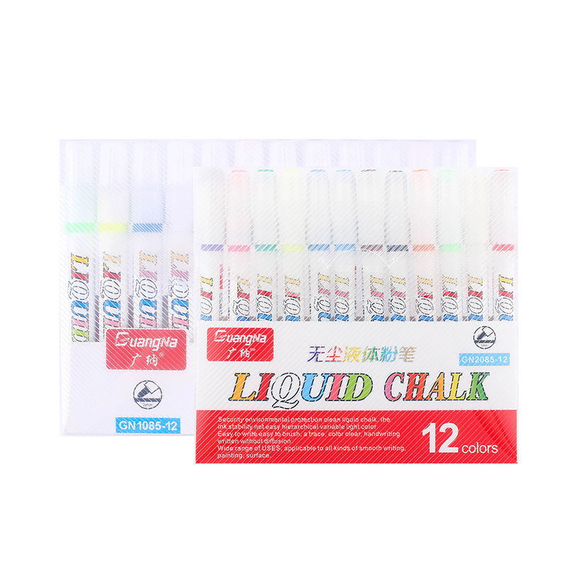 Guangna 1085 libre de polvo soluble en agua líquido tiza 12-color pintura niños graffiti pintura pizarra borrable lámpara tablero pluma