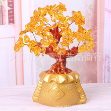 新款轻奢创意黄水晶发财树家居装饰办公桌面水晶树摆件风水树批发
