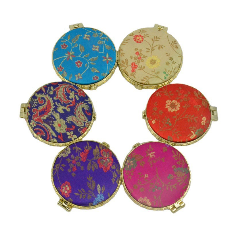 Double-Sided Silk Brocade Folding Makeup Mirror, Hand-Embroidered, 5 Shapes (7–7.5 cm)