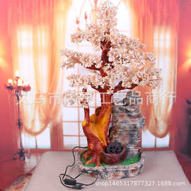 新款黄水晶发财树摇钱树水晶树流水抽水泵镇宅田园风家居摆件批发