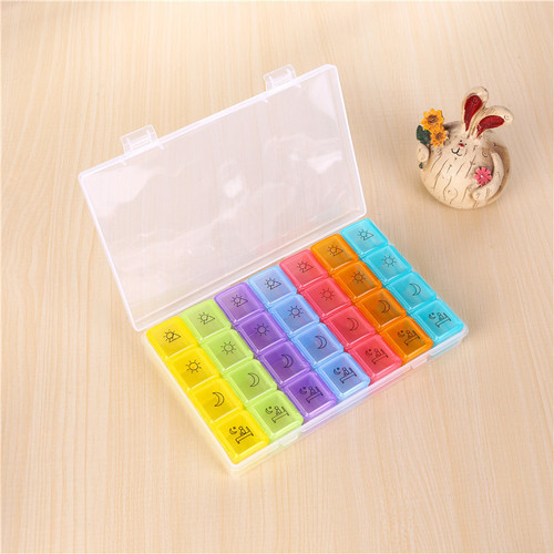 Large 28-grid plastic pill box for the elderly portable dispensing tool colorful divided one-week pill box manicure storage box