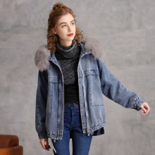 大毛领加厚不规则中长款风衣冬季复古宽松休闲牛仔外套女9319