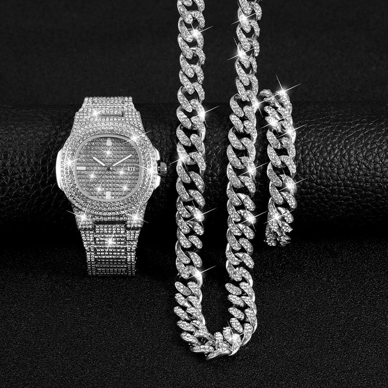 Set di braccialetti per orologio da uomo Set di 3 pezzi di gioielli per orologi stile hip-hop, collana con bracciale per orologio quadrato pieno di diamanti_voghion.com