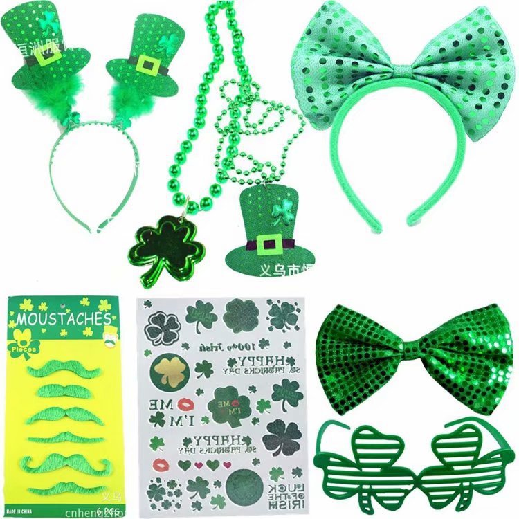 Fabricante proveedor de set irlandés día de San Patricio verde trébol corbata barba falsa set