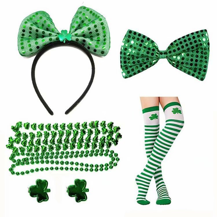 Fabricante proveedor de set irlandés día de San Patricio verde trébol corbata barba falsa set