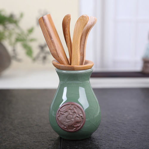 Celadon Ge Kiln Tea Ceremony Six Gentlemen Set Creative Ru Kiln Tea Set Accessories Tea Cylinder Bamboo Tea Spoon One Piece Dropshipping