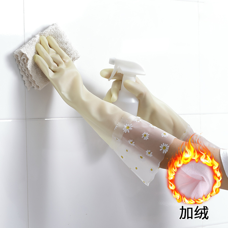 Engrosamiento de látex de caucho de lavandería de goma de plástico resistente al agua hogar de lavado duradero tazón de lana forrado de cocina de las mujeres guantes para lavar platos