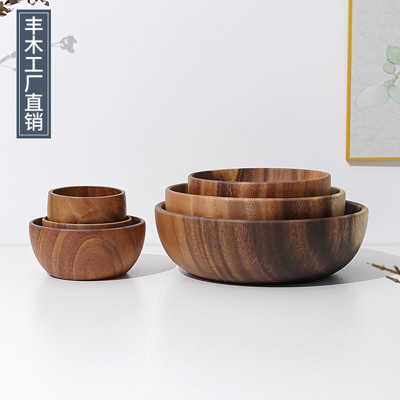 Venta al por mayor de madera de acacia todo tazón de madera restaurante japonés grande ramen tazón engrosado vajilla ensalada de frutas tazón grabado logotipo