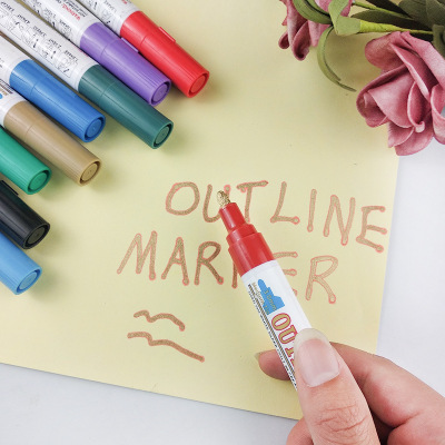 源头工厂 金属描边笔贺卡DIY12色彩色双线笔轮廓笔荧光标记笔